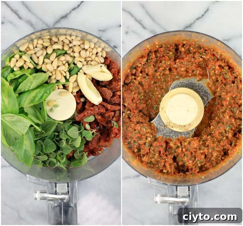 collage of 2 photos: left, pesto ingredients in food processor bowl; right, processed pesto in food processor bowl