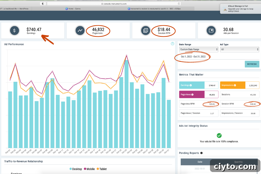 Monumetric Review: Can It Boost Your Blog Ad Revenue? 4 Graph showing my Monumetric RPM and earnings
