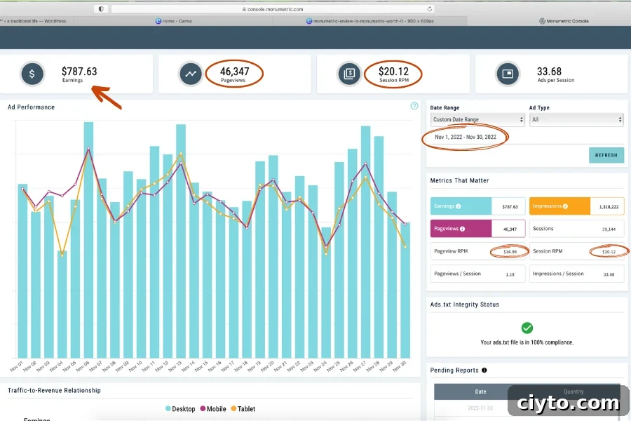 Monumetric Review: Can It Boost Your Blog Ad Revenue? 5 The month of November showing my Monumetric ad income