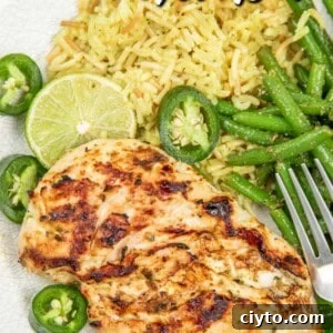 plate of grilled chicken with text overlay