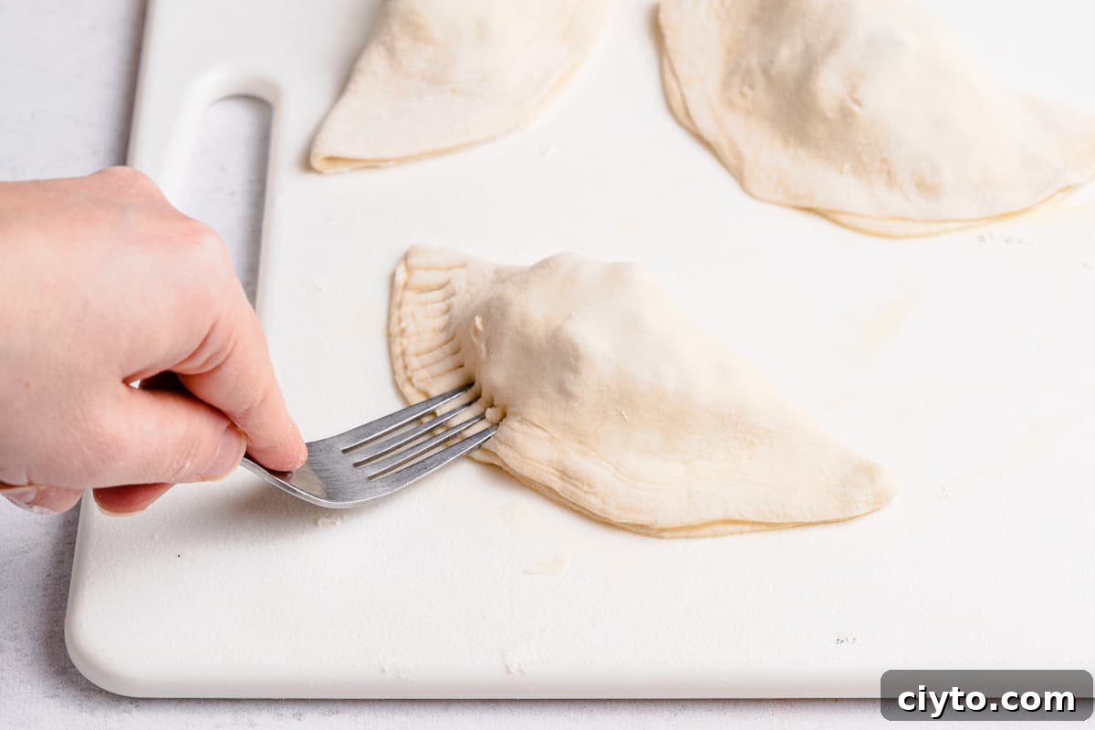 fork being pressed onto edge of unbaked turnover