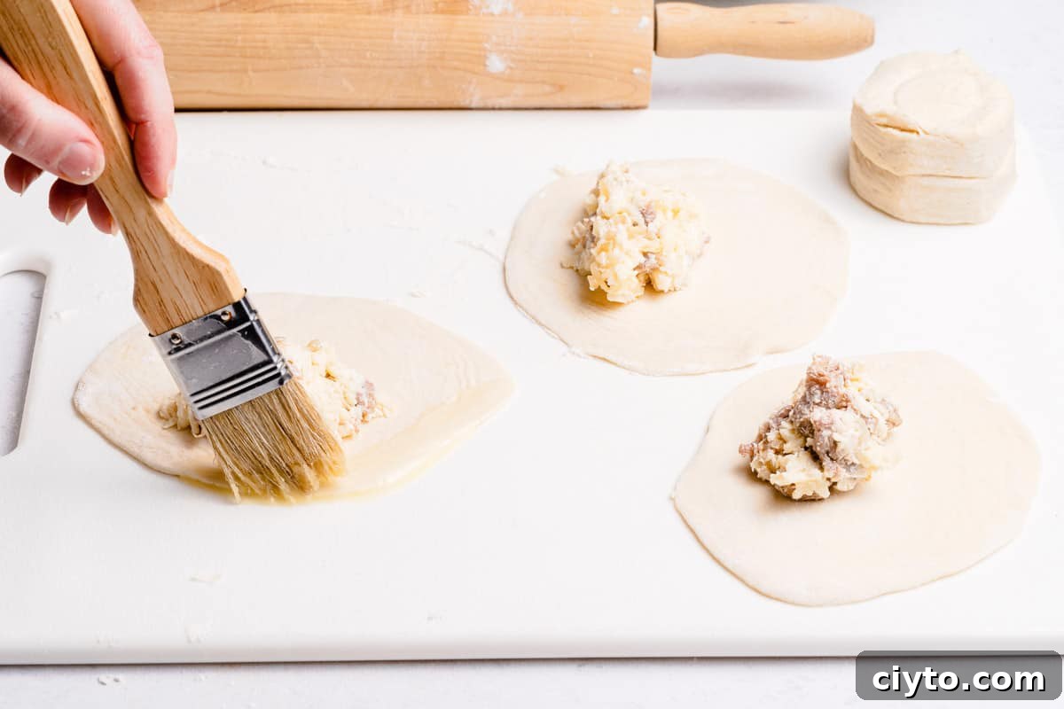 pastry brush brushing egg wash onto edge of biscuit dough next to mound of sausage filling