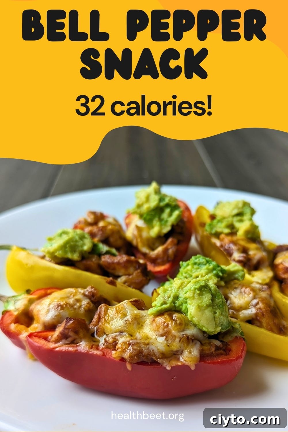 BBQ Chicken and Guacamole Bell Pepper Bites 6 Bell pepper snack for only 32 calories and 2 g protein each