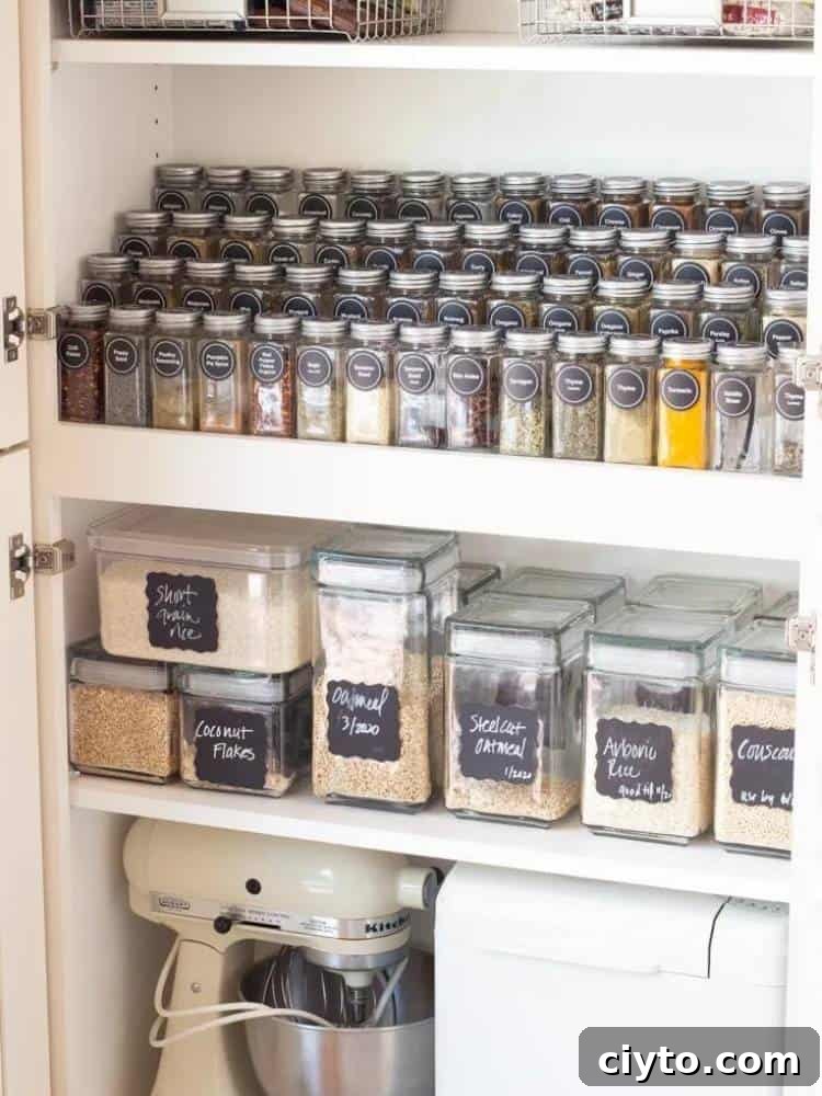 spices in matching jars with labels organized on shelf risers next shelf displays plastic bins with chalkboard labels filled with other kitchen essentials