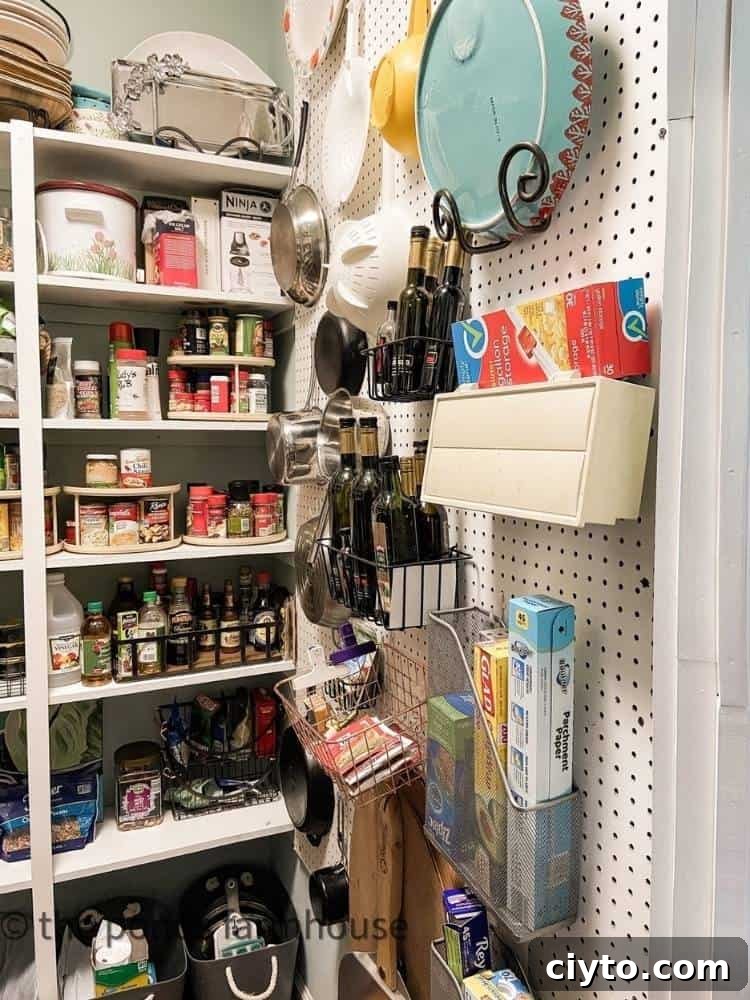 pantry closet with food on shelves and a peg board with different things hanging from it in closet