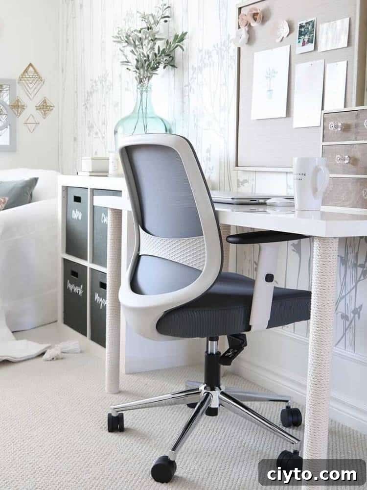 home office with desk and rolling chair in front then cube organizer beside desk and view of corner of arm chair in far view 