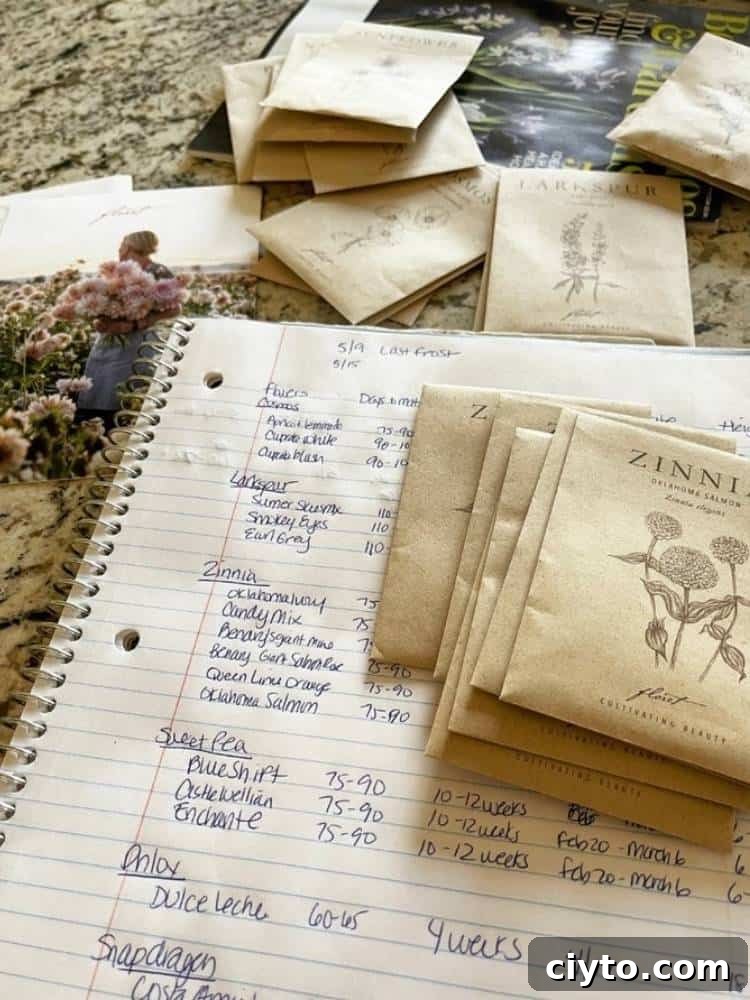 notebook with seed packets on kitchen counter