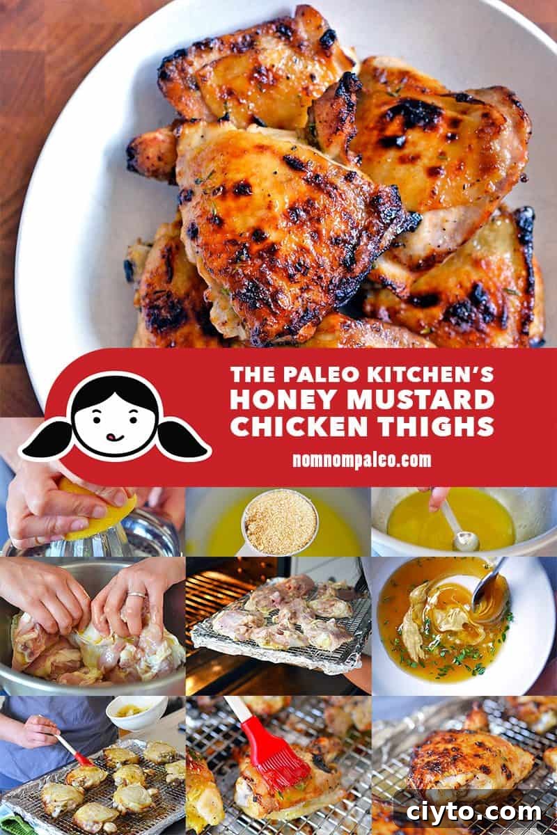 A collage of step by step photos for how to make honey mustard chicken thighs.