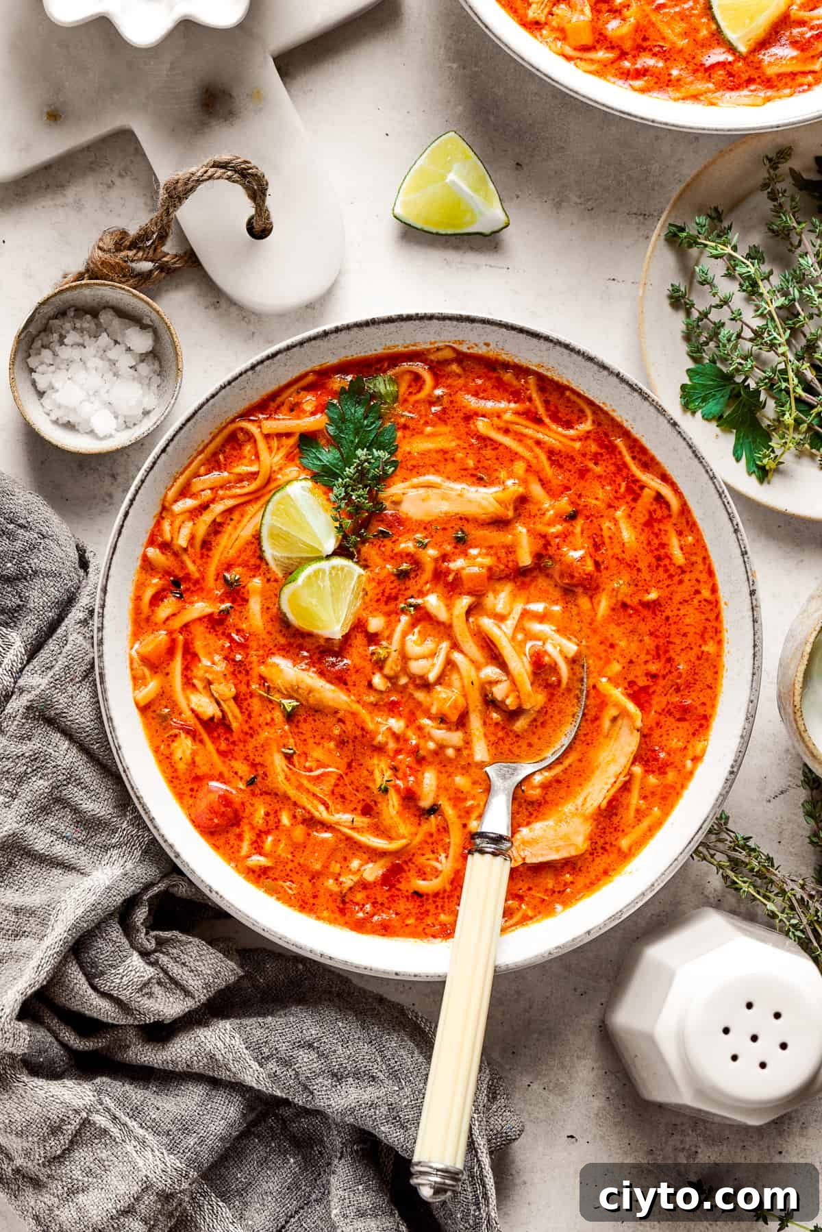 Two bowls of spicy chicken soup are shown with toppings arranged around them.