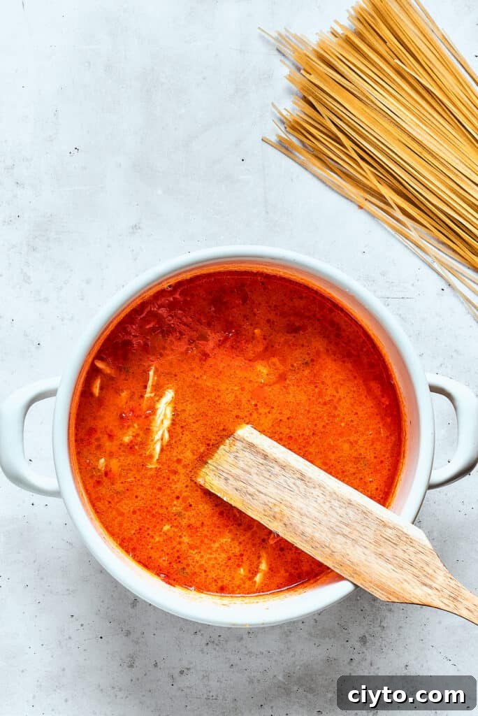Noodles are added to spicy chicken soup with more noodles nearby.