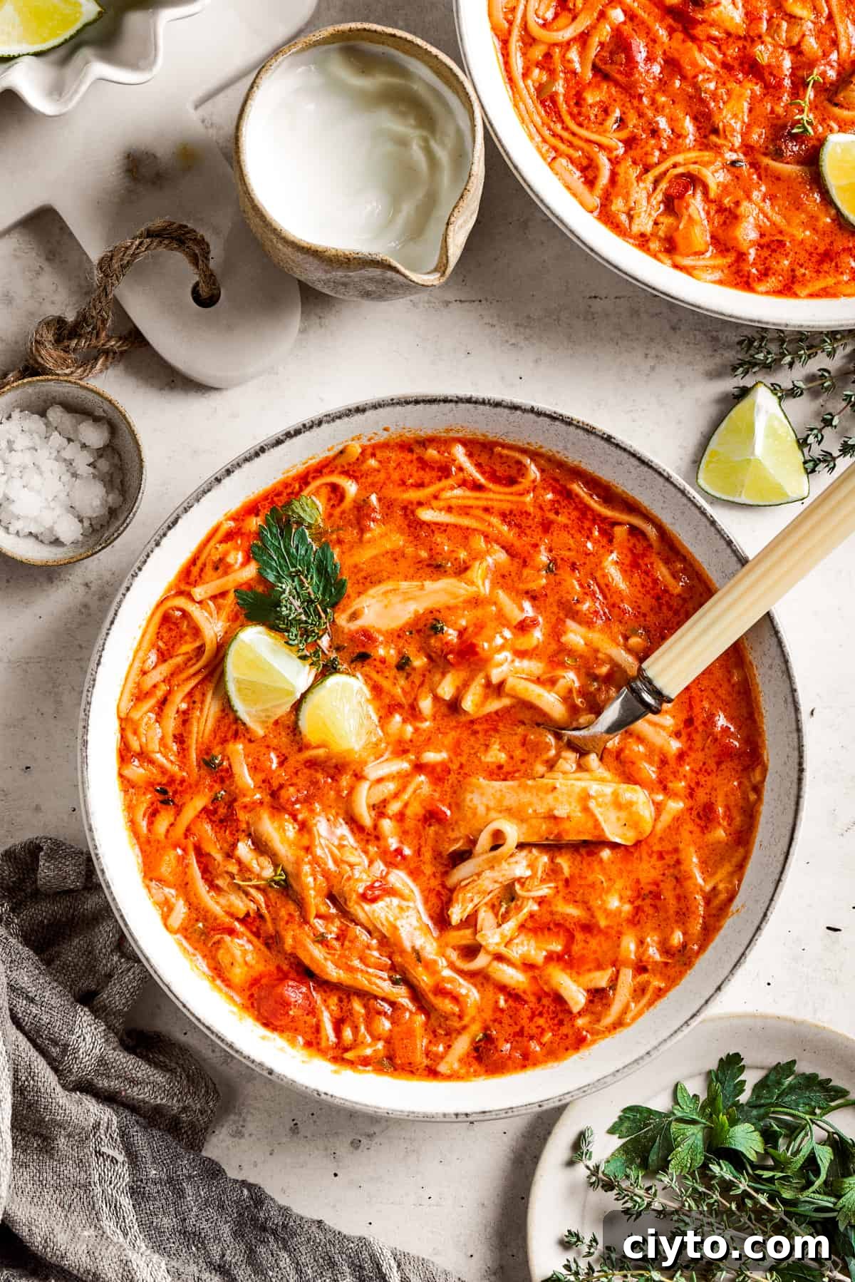 Two bowls of spicy chicken soup are shown with toppings arranged around them.