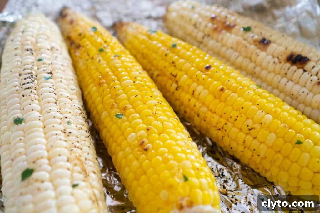 four cobs of corn after grilling in foil