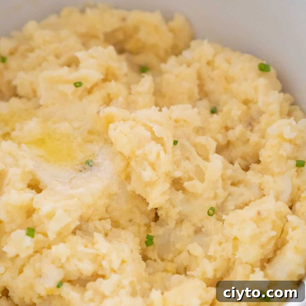 close up of cheesy garlic mashed potatoes