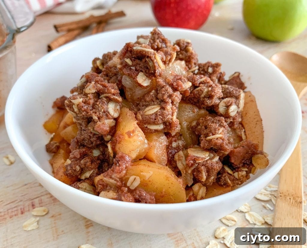 A bowl of apple crisp with an oat topping.