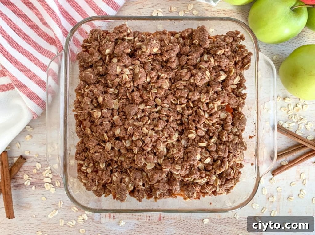 Oat Crumble for Warm Fall Apple Crisp. Butter, cinnamon, oats and sugar.