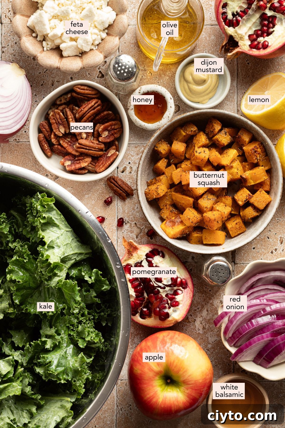 Kale and Butternut Squash Salad with Pomegranate and Apple 4 Ingredients for kale butternut squash salad on a countertop with labels.