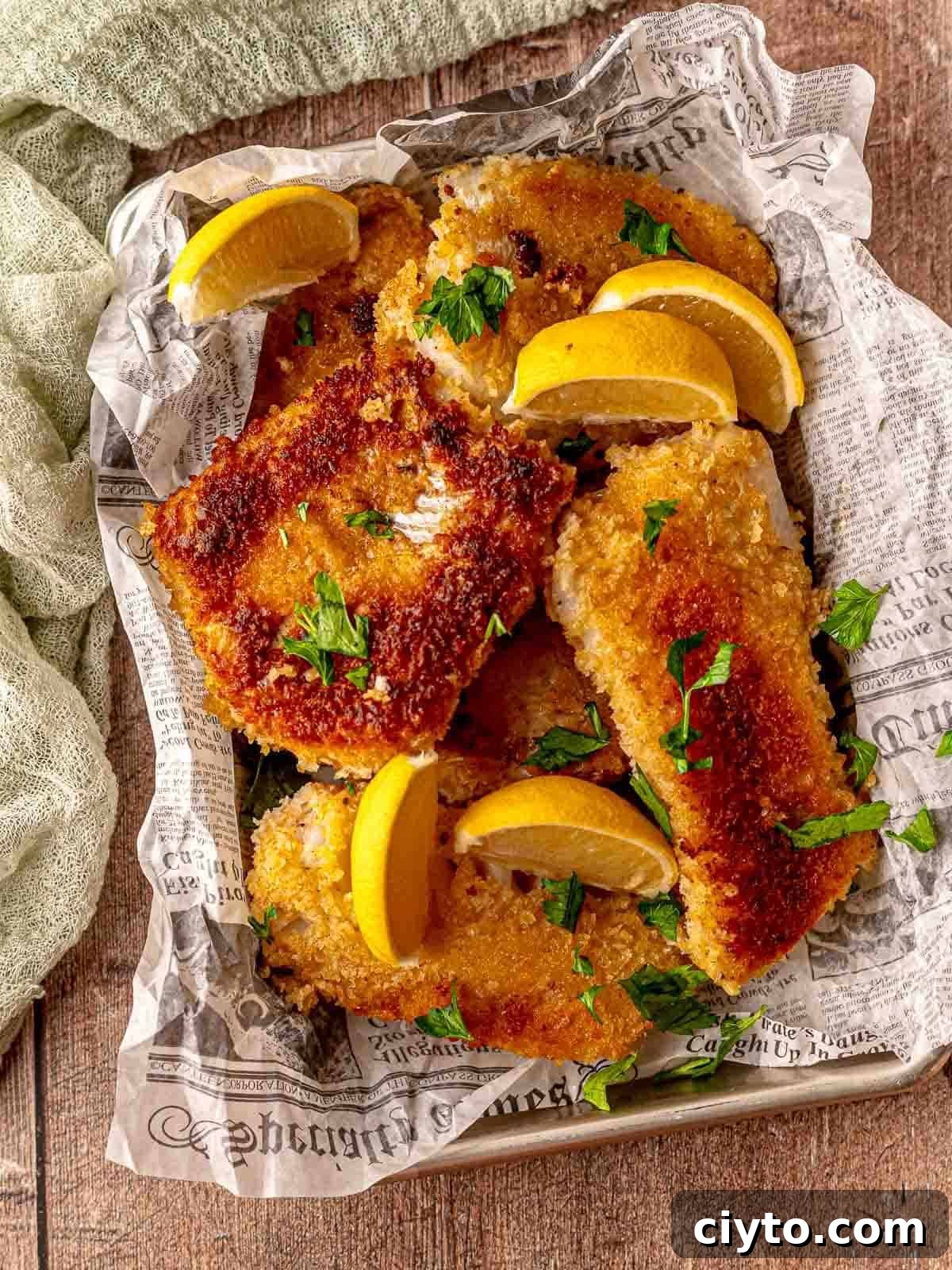 A basket of panko crusted cod with lemon wedges.