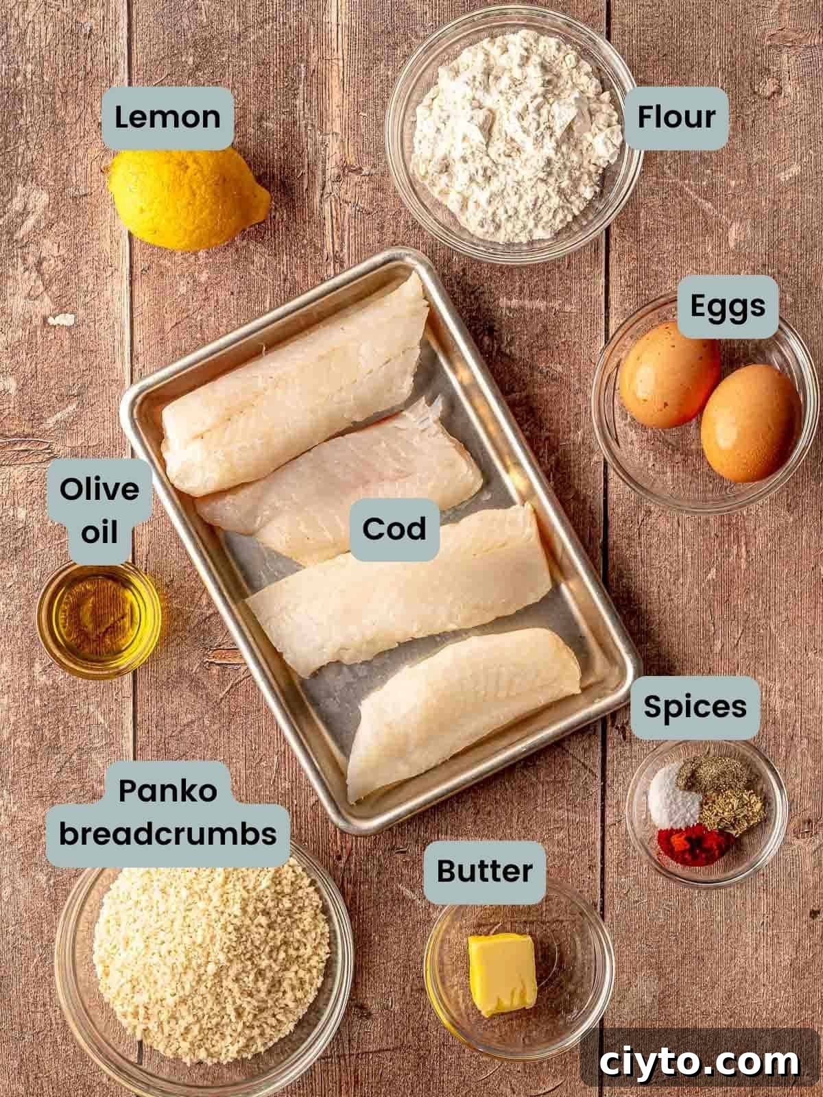 Ingredients needed to make panko crusted cod.