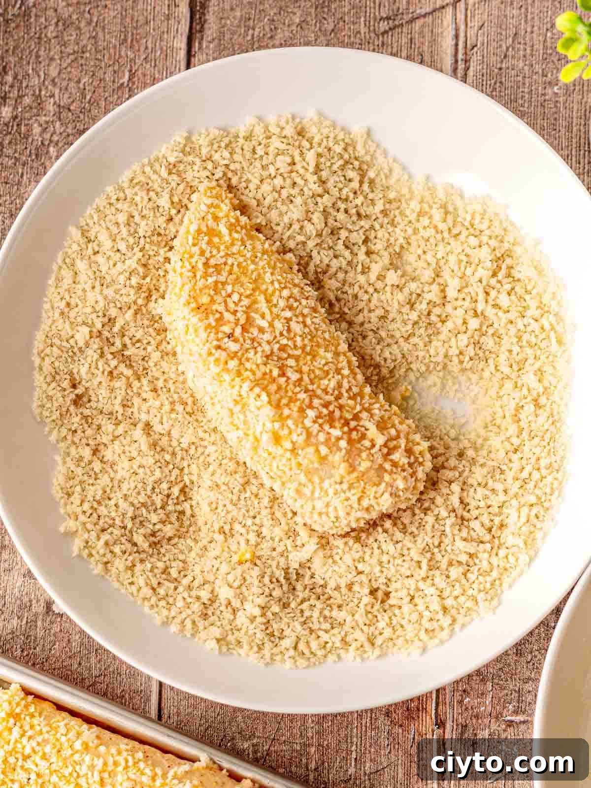 A piece of fish dipped into panko breadcrumbs.