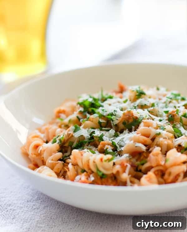 Quick easy tuna pasta in a bowl.