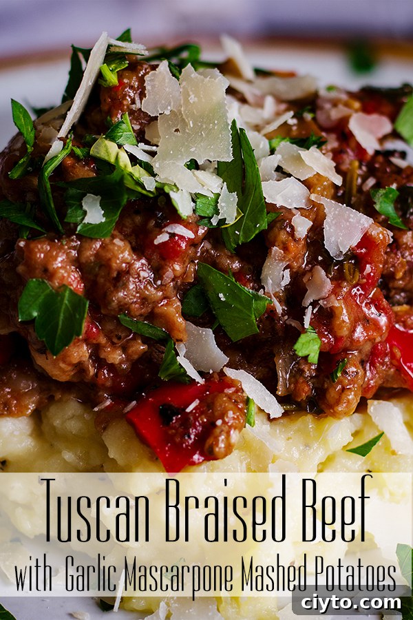 Slow-Braised Tuscan Beef with Garlic Mascarpone Mashed Potatoes 2 A plate with Tuscan Braised Beef and Garlic Mashed Potatoes.