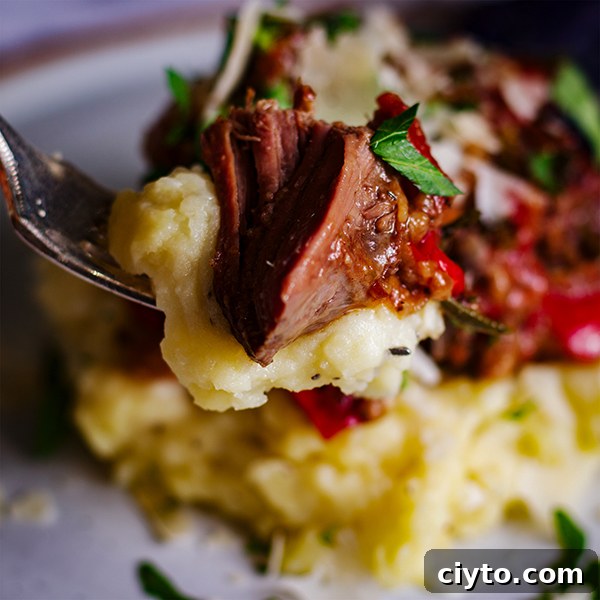 Slow-Braised Tuscan Beef with Garlic Mascarpone Mashed Potatoes 12 Taking a bite of Tuscan Braised Beef with Garlic Mascarpone Mashed Potatoes.