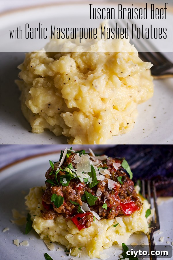Slow-Braised Tuscan Beef with Garlic Mascarpone Mashed Potatoes 17 A plate of garlic mascarpone mashed potatoes topped with Tuscan Braised Beef and fresh parsley.
