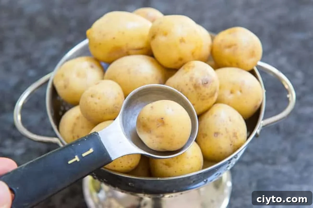 Baby Yellow Potatoes in Colander and Tablespoon