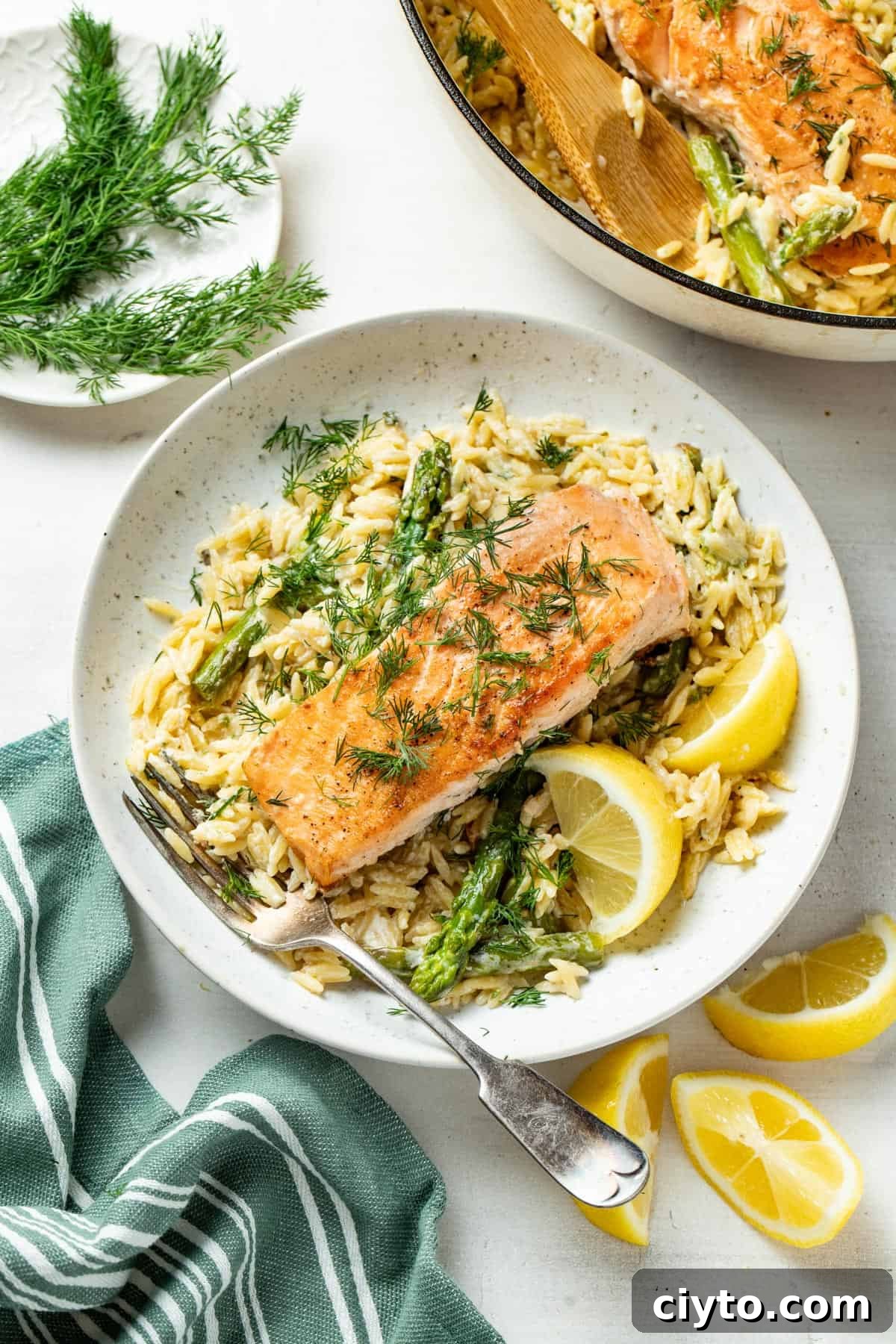 A salmon fillet on top of creamy lemon orzo on a plate with a fork and lemon slices next to it.