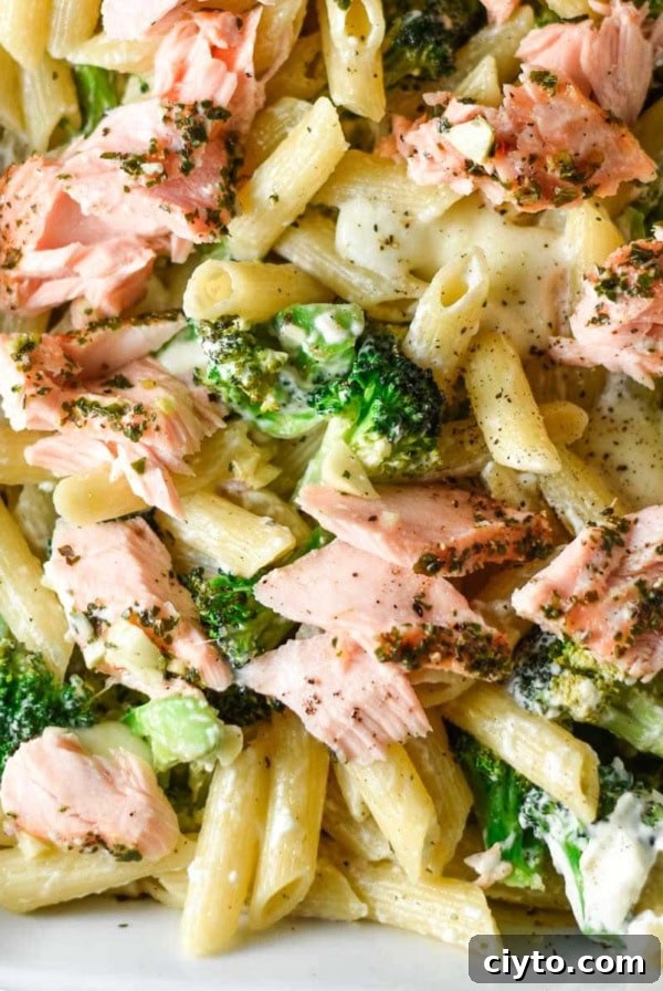 Creamy pasta topped with broccoli and salmon in a baking dish.
