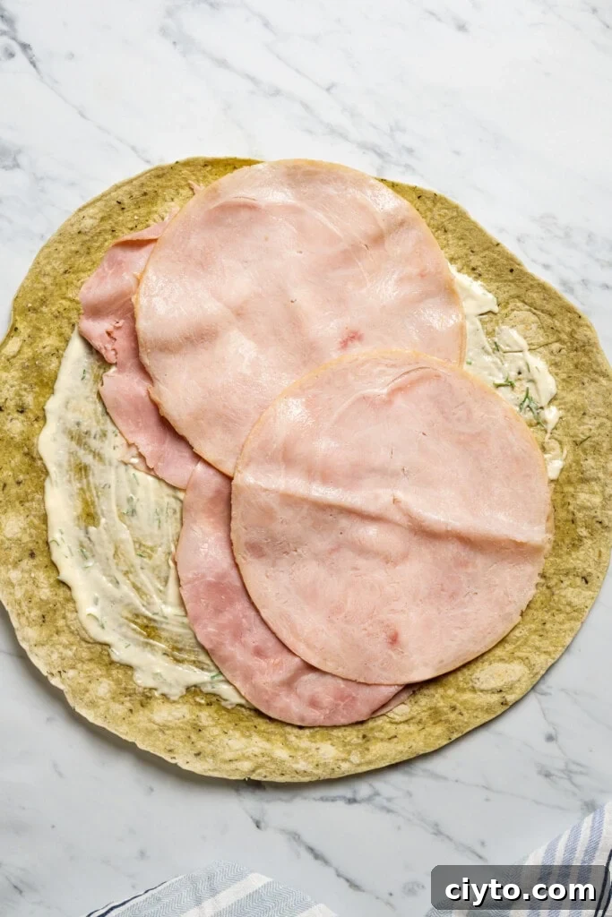 Layer the turkey and ham. Layer the turkey and ham.