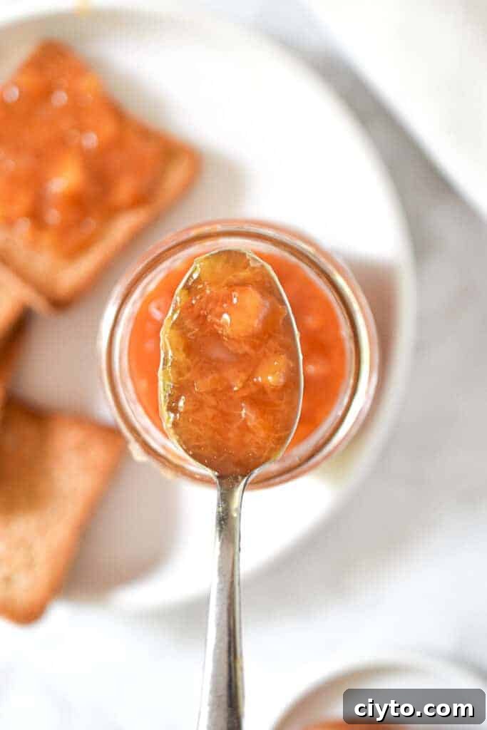 Homemade Instant Pot Peach Jam Recipe 2 An overhead shot of the Jam on a spoon