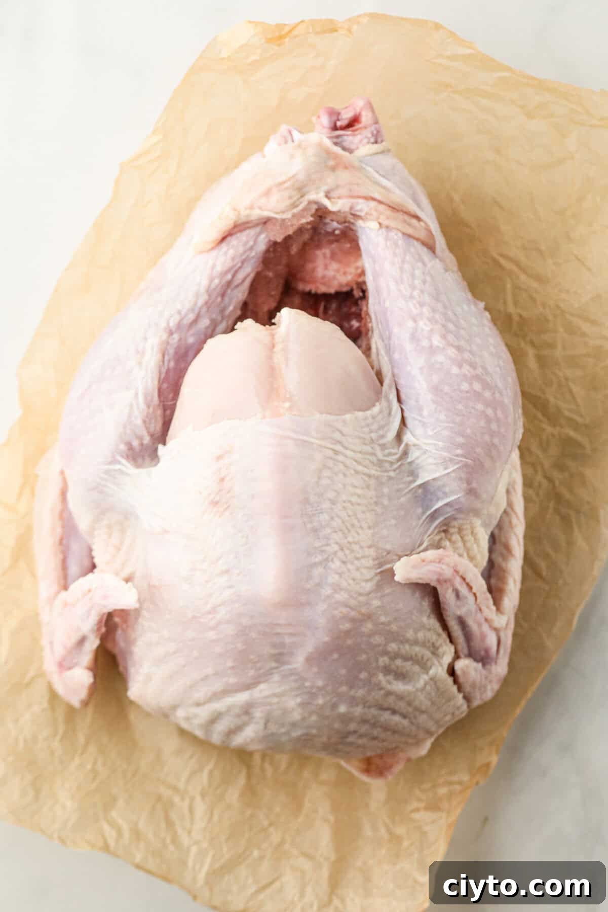 Overhead picture of raw whole turkey on a wooden cutting board.