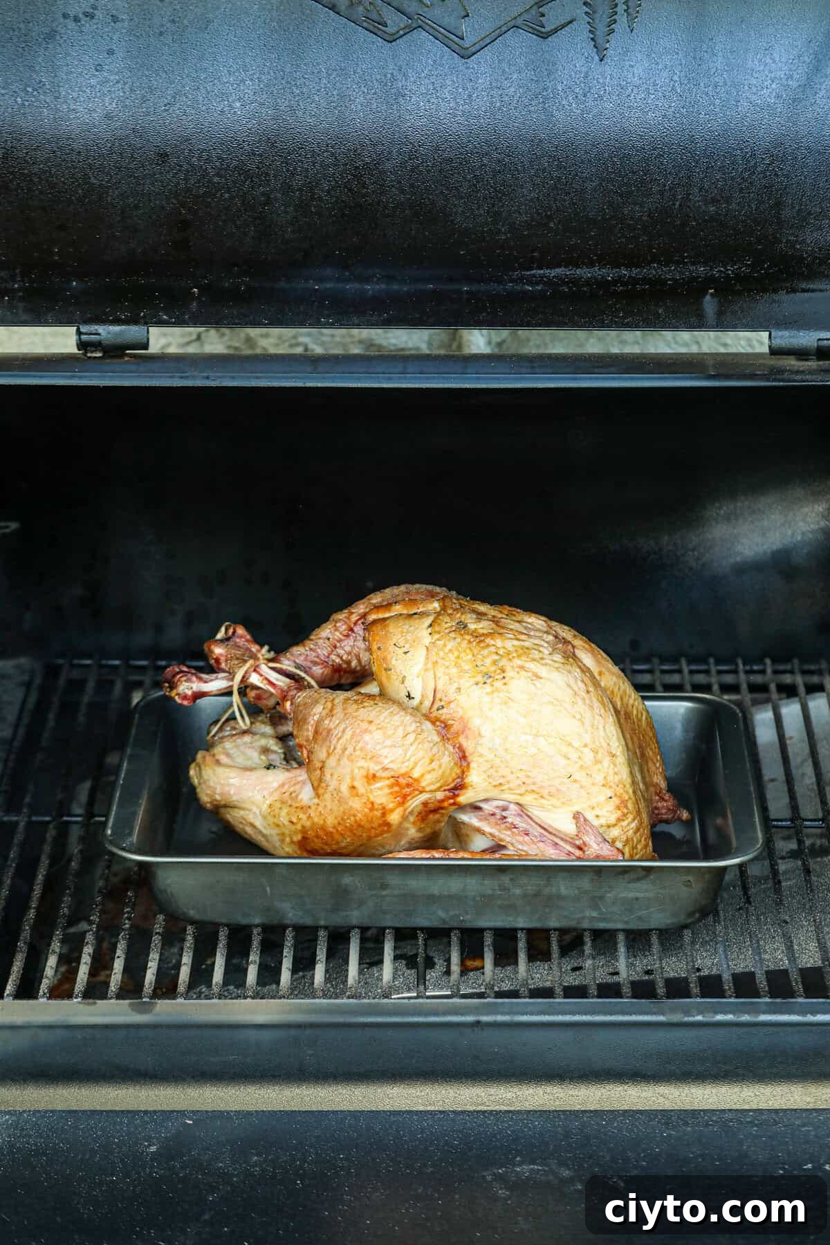 Baked turkey in smoker in an uncovered black pan.