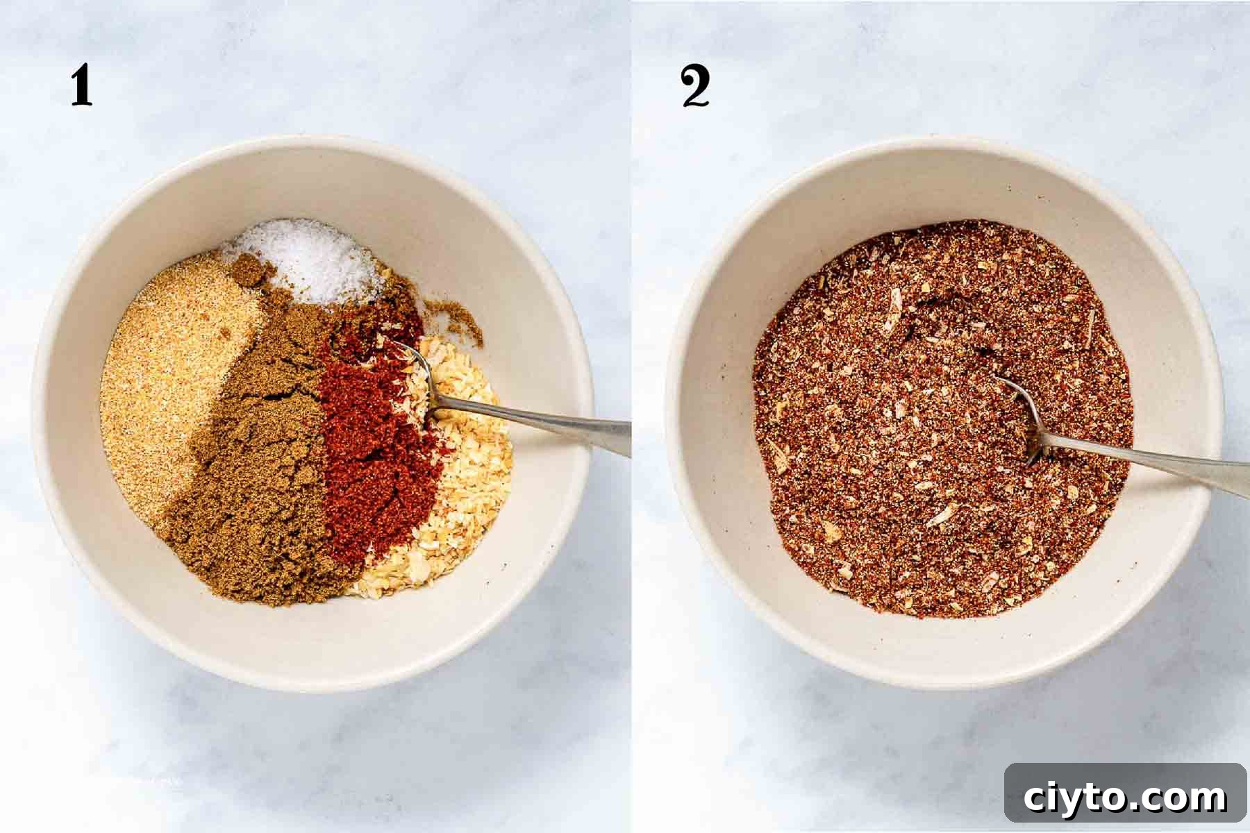composite image - left shows six spices in a bowl with a spoon before mixing and right shows after mixing.