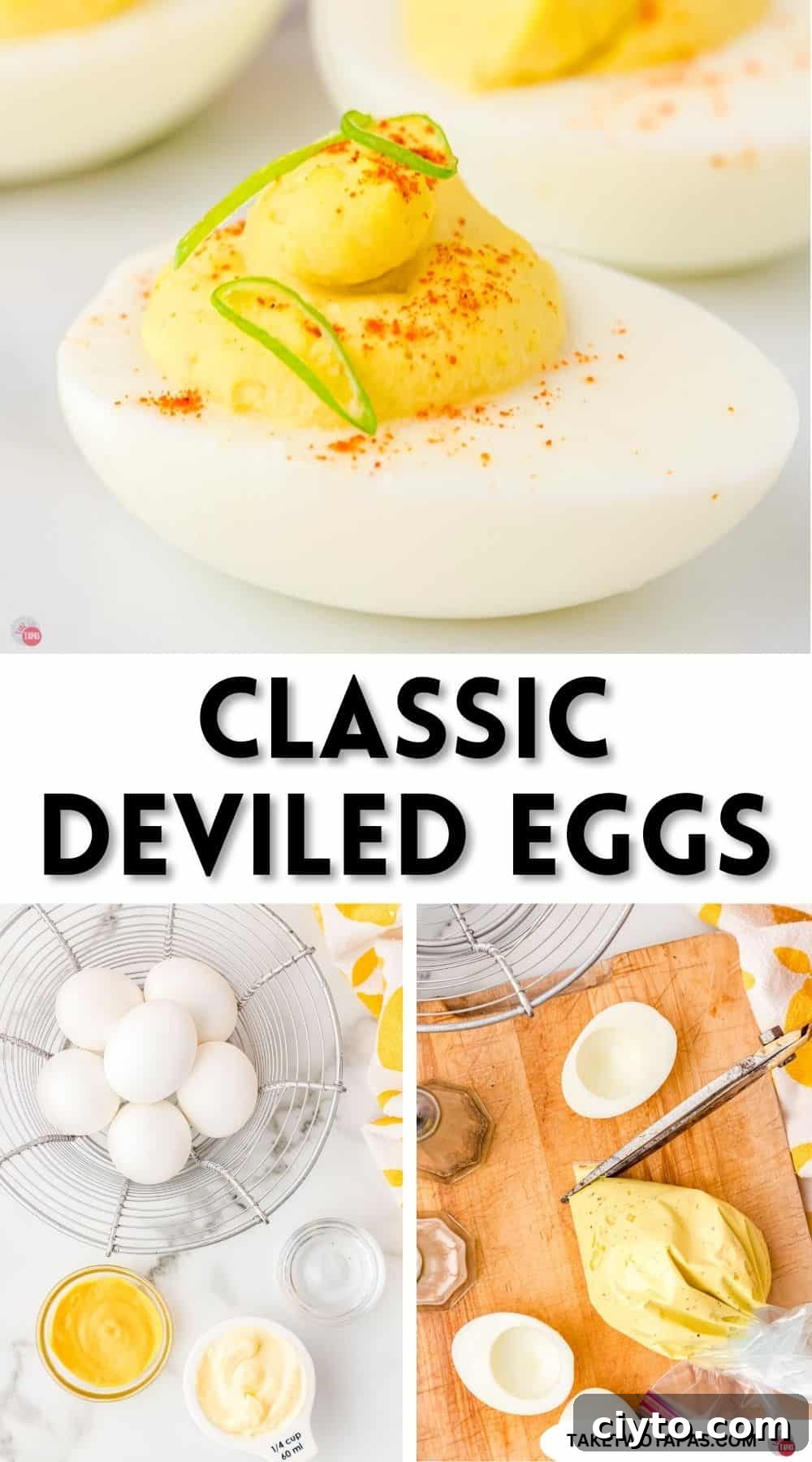 Classic Deviled Eggs Recipe for Parties and Holidays 13 pinterest pin image for classic deviled eggs