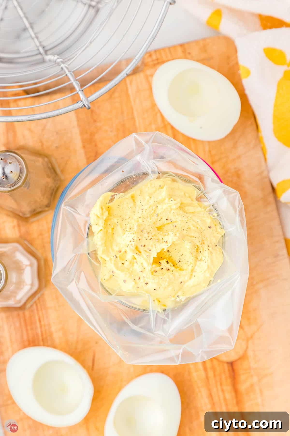 Classic Deviled Eggs Recipe for Parties and Holidays 6 yolks in a piping bag
