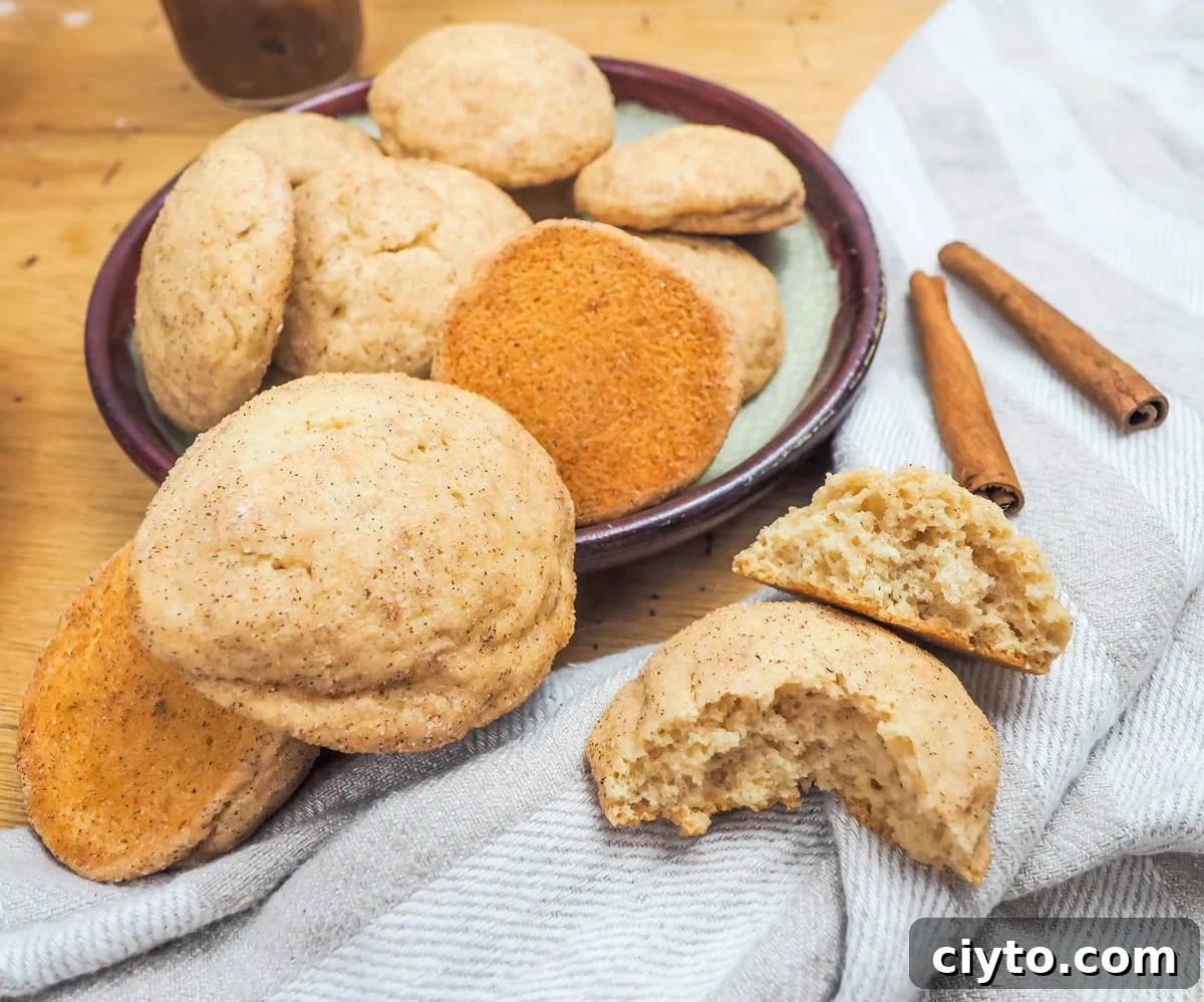 Soft Chewy Apple Butter Snickerdoodles Recipe 2 A pile of snickerdoodles on a plate and one in front with a bite taken out of it.