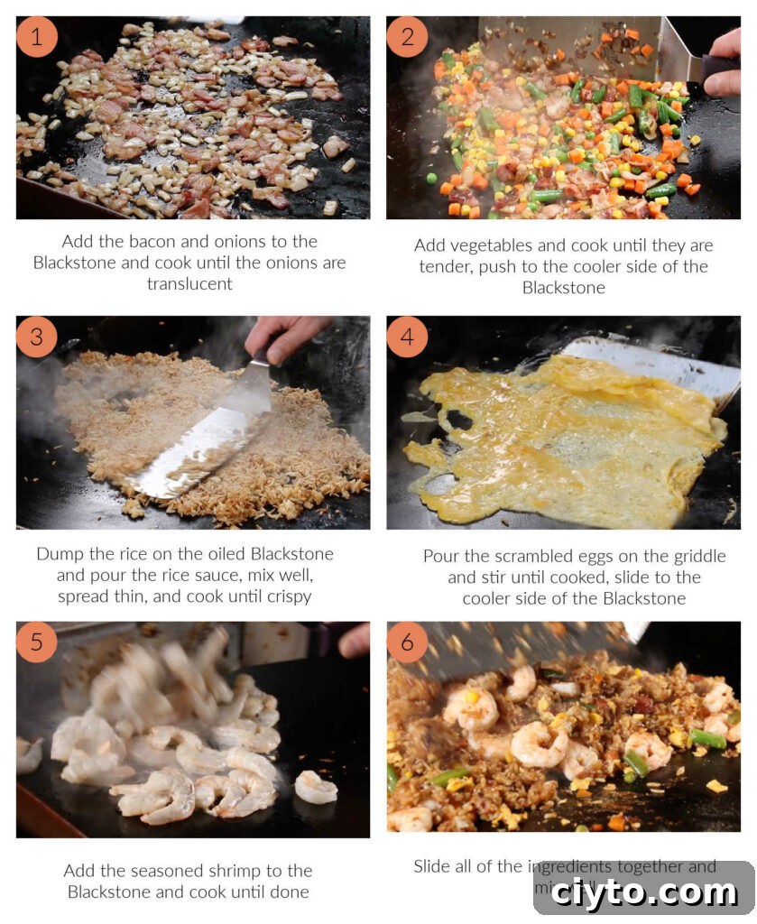 process collage for blackstone shrimp fried rice