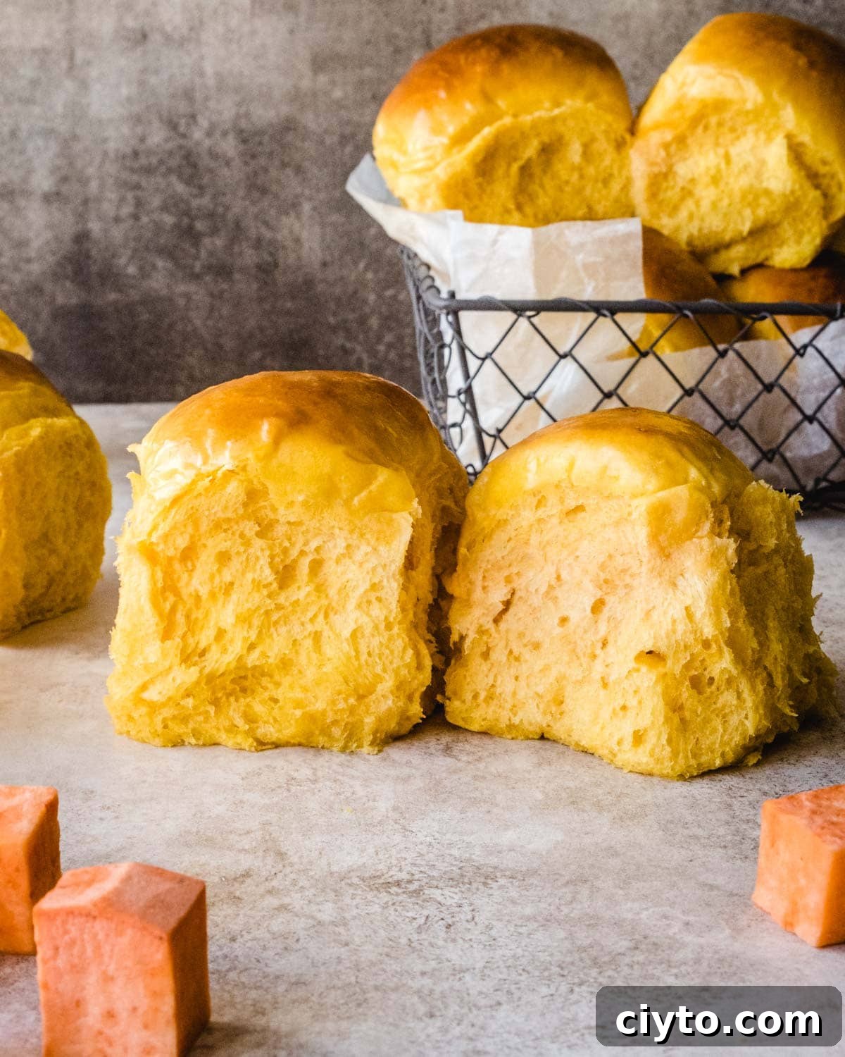 Thanksgiving dinner rolls made with sweet potato.