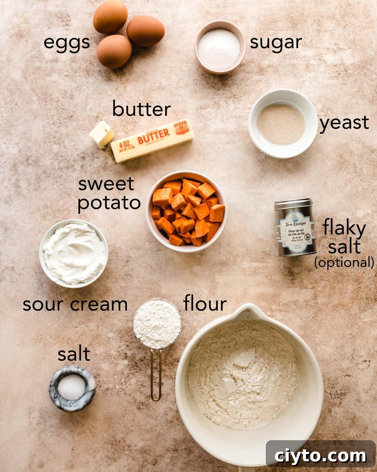Ingredients needed to make sweet potato dinner rolls.