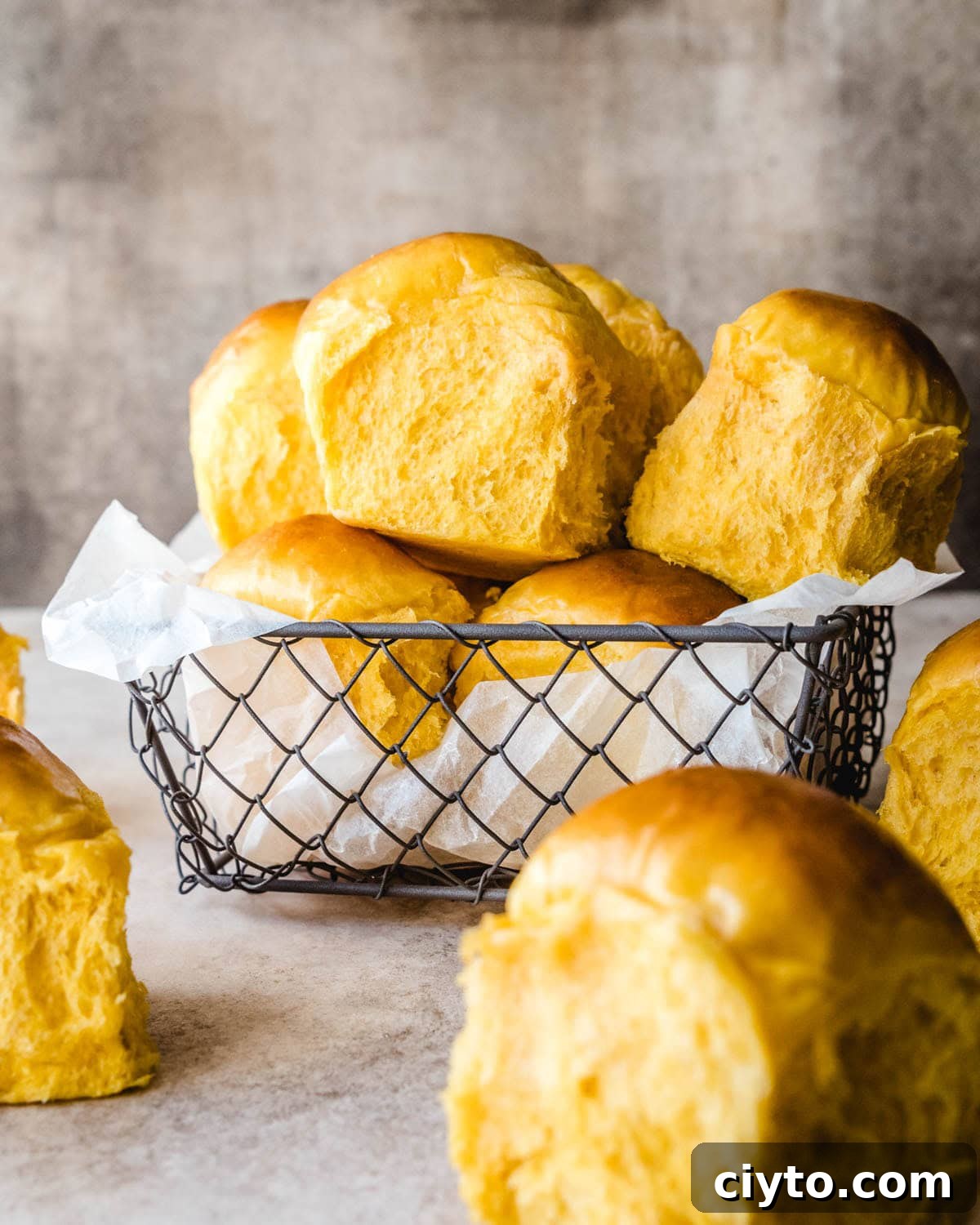 Basket of sweet potato rolls ready to be served.