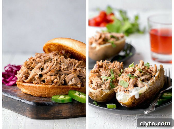 2 pictures of food. Left: shredded slow pork between 2 buns. Right: shredded pork on baked potatoes