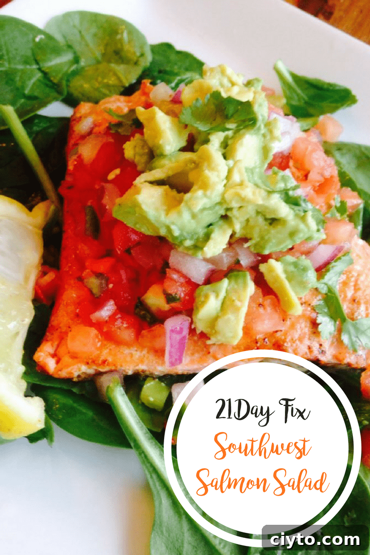 Grilled Southwest Salmon Salad with Avocado, Corn, and Lime 4 Southwest Salmon over spinach topped with diced ed onion, fresh salsa, cilantro, and avocado with a lemon wedge on the side