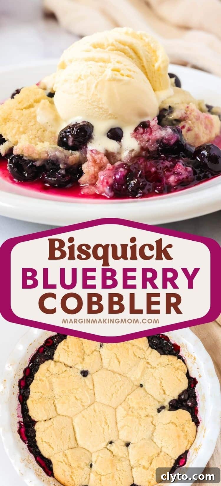 Quick Bisquick Blueberry Cobbler Recipe for Summer 11 two photos; one shows a side view of a serving of blueberry cobbler made with Bisquick, on a white plate, topped with ice cream. The other photo shows an overhead view of the freshly baked blueberry cobbler.