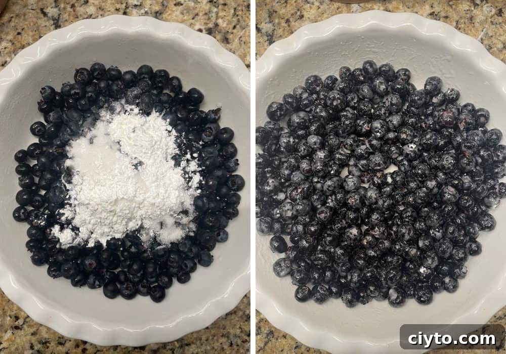 Quick Bisquick Blueberry Cobbler Recipe for Summer 6 two photos; one shows blueberries, cornstarch, sugar, and lemon juice in a pie plate; the other shows the ingredients mixed together to coat the berries.