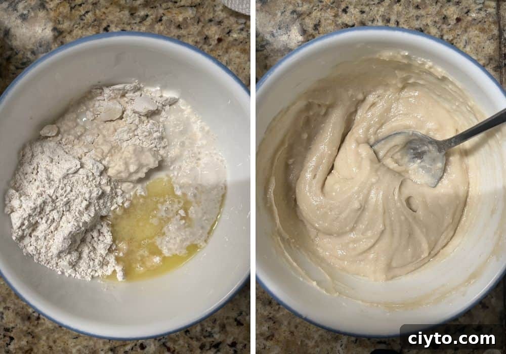 Quick Bisquick Blueberry Cobbler Recipe for Summer 7 two photos; one shows ingredients for cobbler topping in a small bowl; the other shows the ingredients being stirred together.