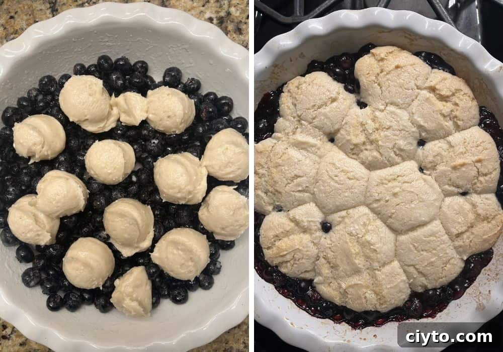 Quick Bisquick Blueberry Cobbler Recipe for Summer 8 two photos; one shows scoops of batter dropped over the blueberry mixture in the baking dish; the other shows the cobbler after baking.