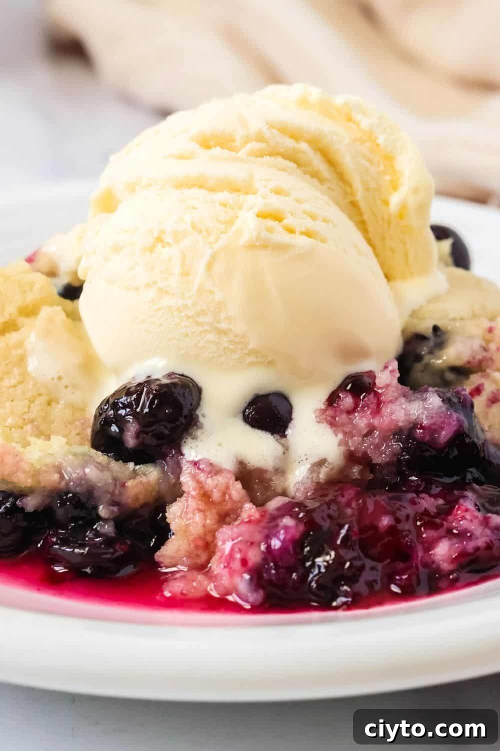 Quick Bisquick Blueberry Cobbler Recipe for Summer 9 Close-up view of Bisquick cobbler made with fresh blueberries, topped with ice cream. The ice cream is melting down into the warm cobbler.