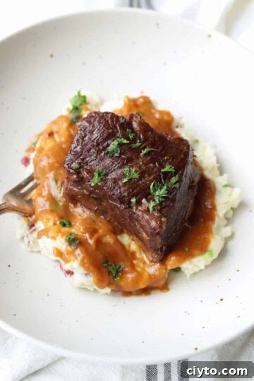 beef short ribs over mashed potatoes and gravy in white bowl with fork